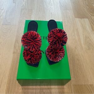 Bottega Venetia Red and Black Pom Pom Sandals 37.5